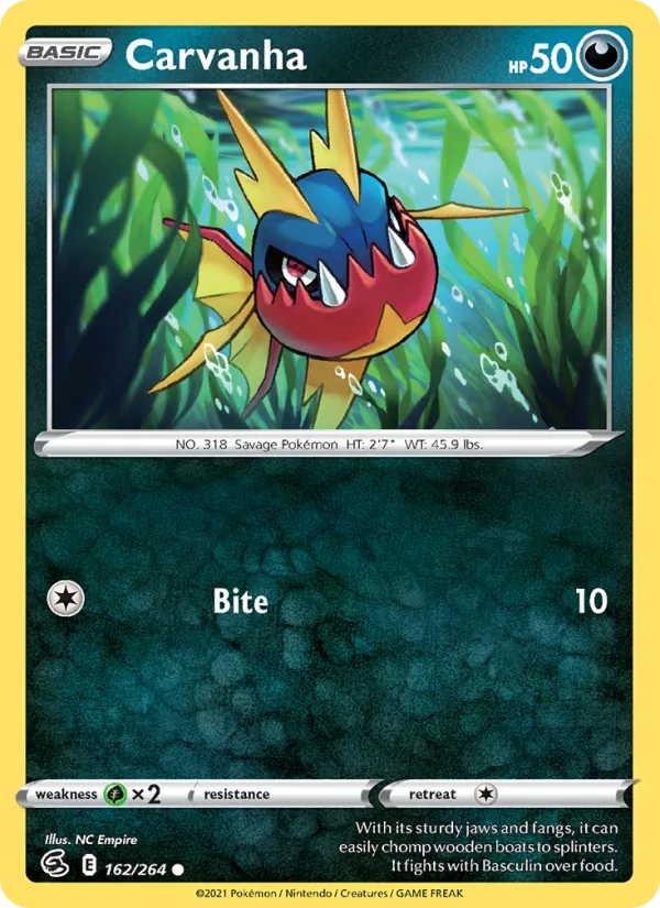 Carvanha Reverse Holo 162/264 Fusion Strike Pokémon Card