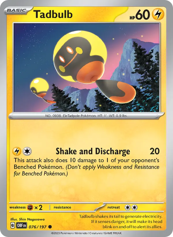 Tadbulb Reverse Holo 076/197 Obsidian Flames Pokémon Card
