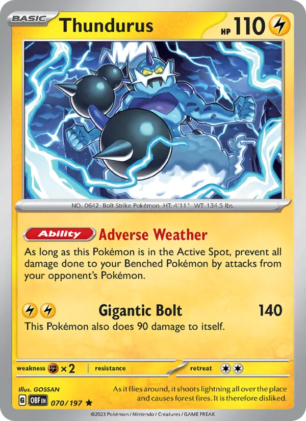 Thundurus Reverse Holo 070/197 Obsidian Flames Pokémon Card