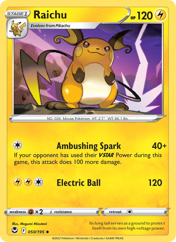Raichu Reverse Holo 050/195 Silver Tempest Pokémon Card