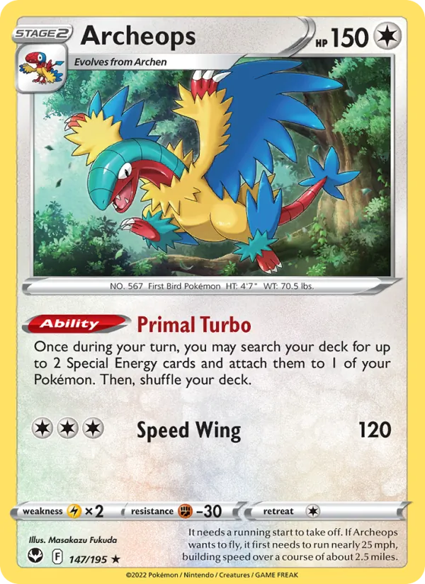 Archeops Reverse Holo 147/195 Silver Tempest Pokémon Card