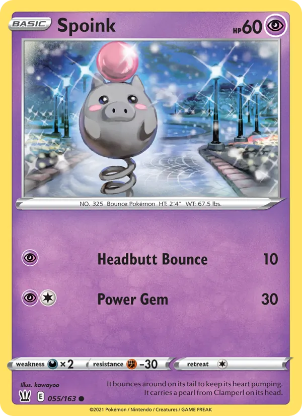 Spoink Reverse Holo 055/163 Battle Styles Pokémon Card