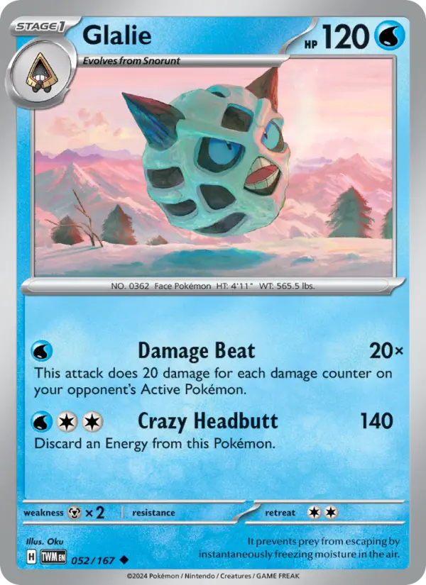 Glalie Reverse Holo 052/167 Twilight Masquerade Pokémon Card