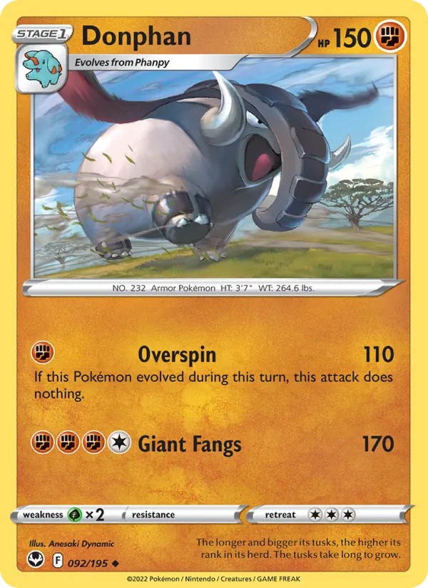 Donphan Reverse Holo 092/195 Silver Tempest Pokémon Card