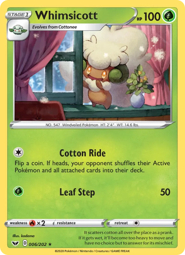Whimsicott Reverse Holo 006/202 Sword & Shield Pokémon Card