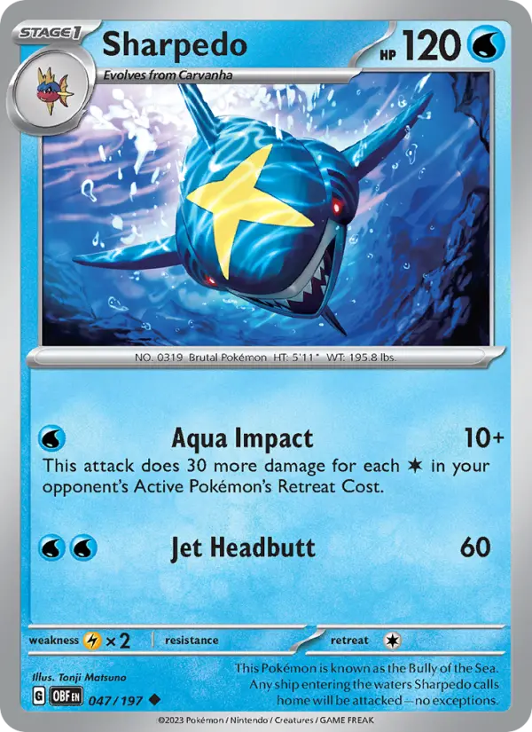 Sharpedo Reverse Holo 047/197 Obsidian Flames Pokémon Card