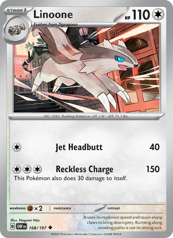 Linoone Reverse Holo 168/197 Obsidian Flames Pokémon Card
