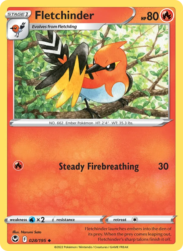 Fletchinder Reverse Holo 028/195 Silver Tempest Pokémon Card