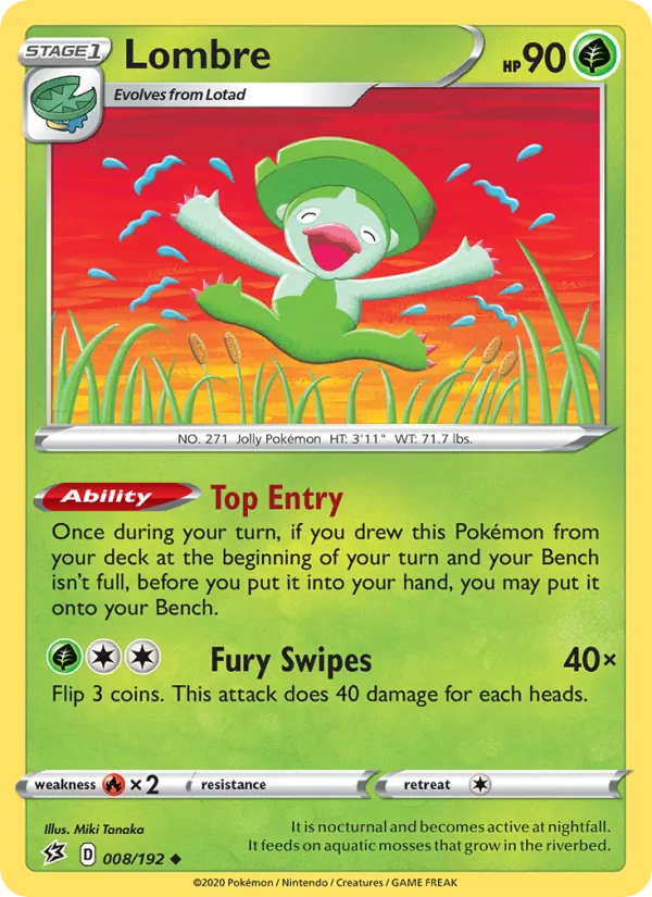 Lombre Reverse Holo 008/192 Rebel Clash Pokémon Card