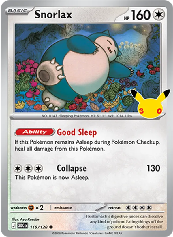 Snorlax Normal 119/128 30th Celebration Pokémon Card