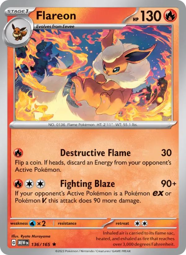 Flareon Reverse Holo 136/165 151 Pokémon Card