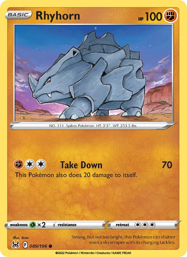 Rhyhorn Reverse Holo 089/196 Lost Origin Pokémon Card