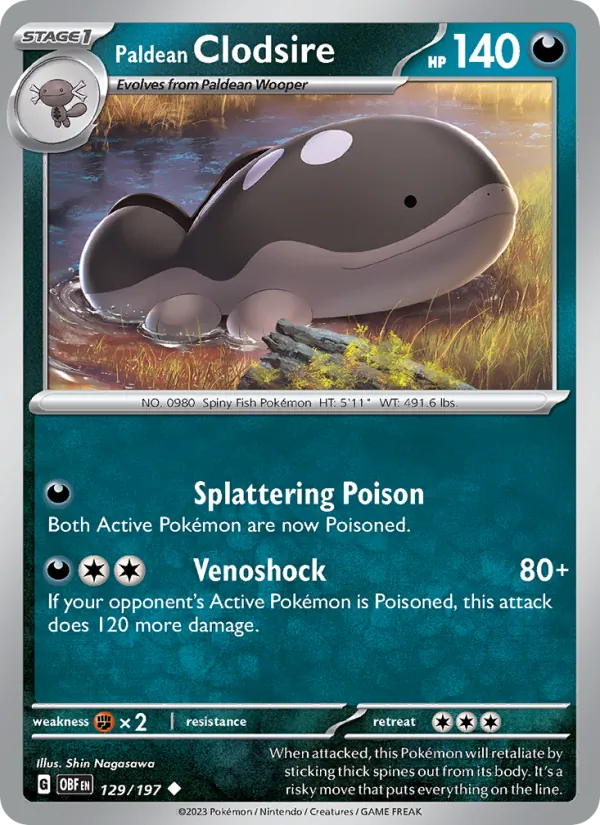Paldean Clodsire Normal 129/197 Obsidian Flames Pokémon Card