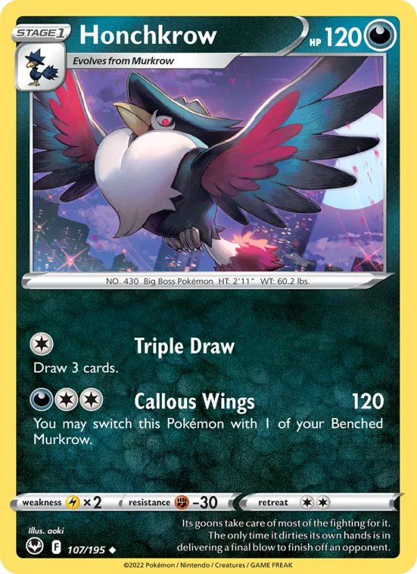 Honchkrow Reverse Holo 107/195 Silver Tempest Pokémon Card