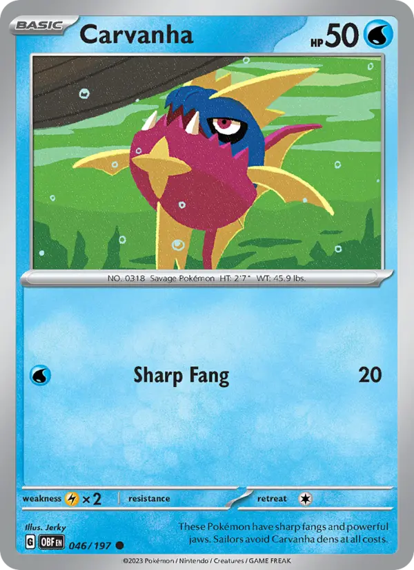Carvanha Reverse Holo 046/197 Obsidian Flames Pokémon Card