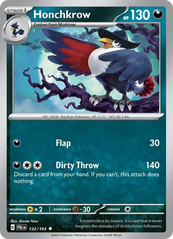 Honchkrow Non-Foil 132/193 Paldea Evolved Pokémon Card