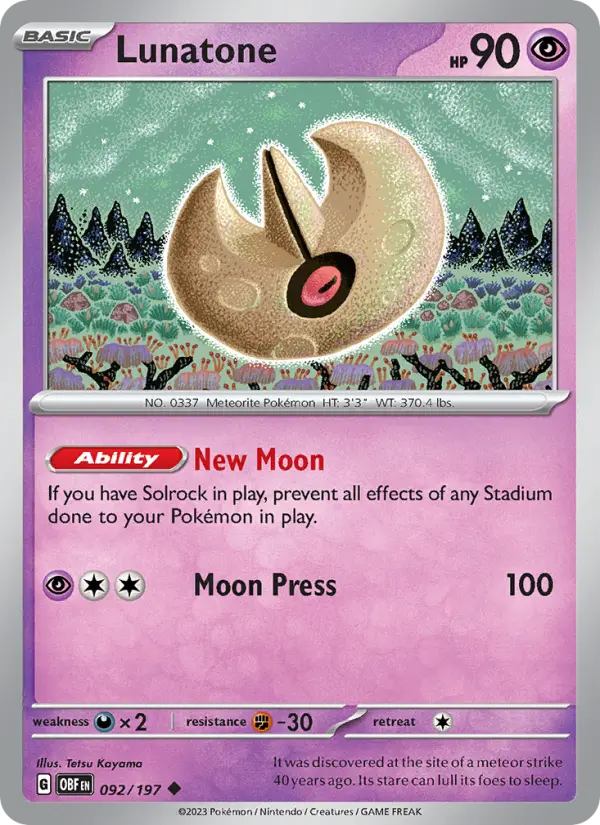 Lunatone Reverse Holo 092/197 Obsidian Flames Pokémon Card