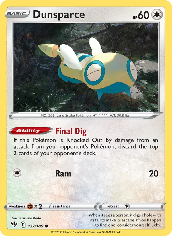 Dunsparce Reverse Holo 137/189 Darkness Ablaze Pokémon Card