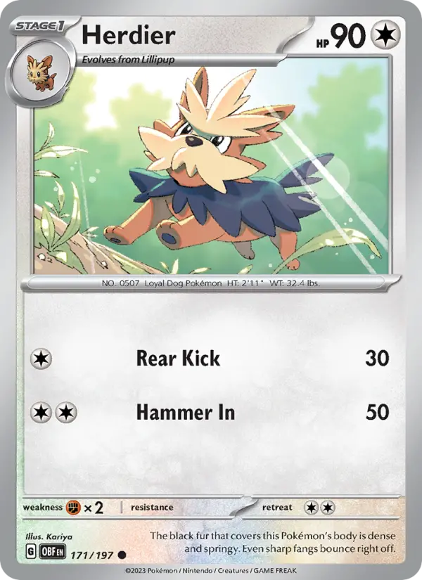 Herdier Reverse Holo 171/197 Obsidian Flames Pokémon Card