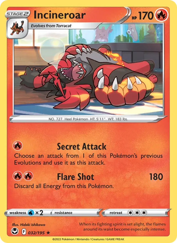 Incineroar Reverse Holo 032/195 Silver Tempest Pokémon Card