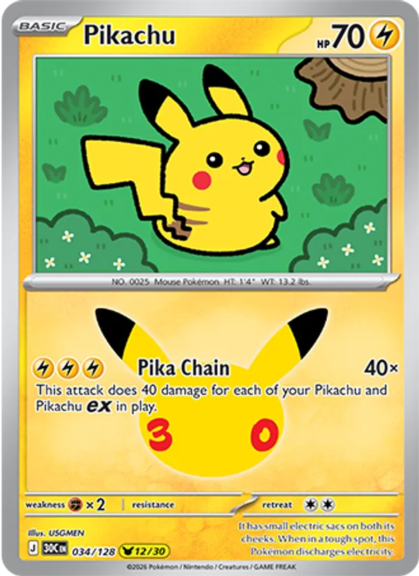 Pikachu Normal 034/128 30th Celebration Pokémon Card