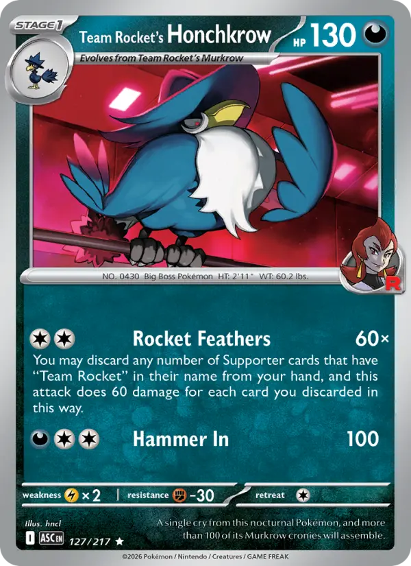 Team Rocket's Honchkrow Reverse Holo 127/217 Ascended Heroes Pokémon Card