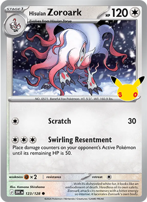 Hisuian Zoroark Normal 123/128 30th Celebration Pokémon Card