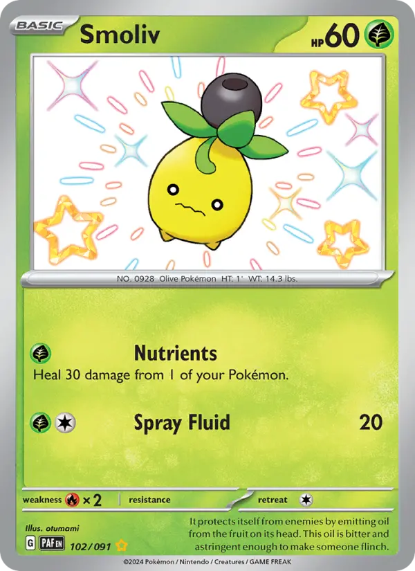 Smoliv Holo 102/91 Paldean Fates Pokémon Card