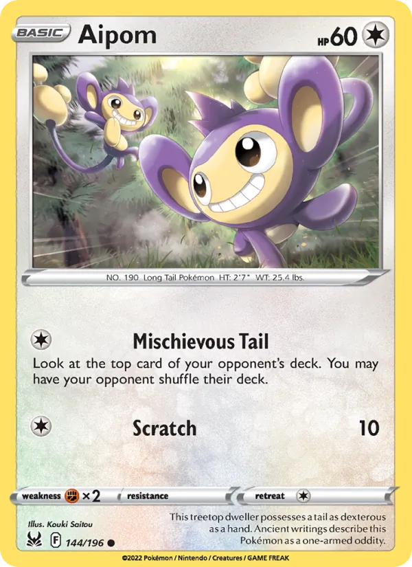 Aipom Reverse Holo 144/196 Lost Origin Pokémon Card