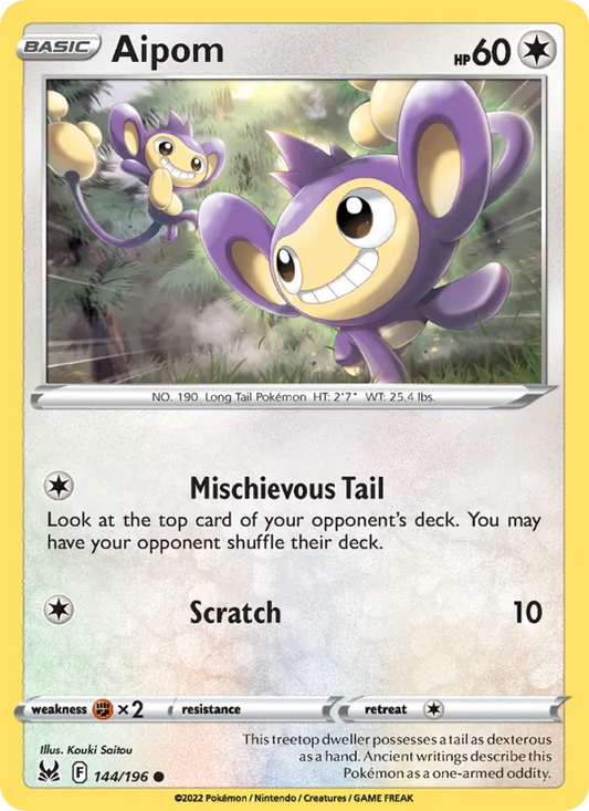 Aipom Reverse Holo 144/196 Lost Origin Pokémon Card