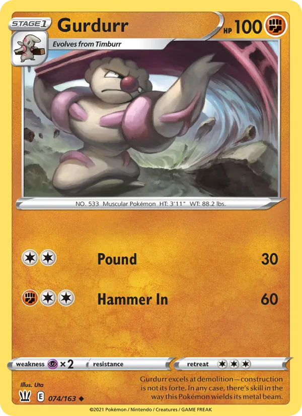 Gurdurr Reverse Holo 074/163 Battle Styles Pokémon Card