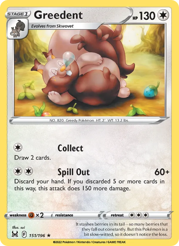 Greedent Reverse Holo 151/196 Lost Origin Pokémon Card