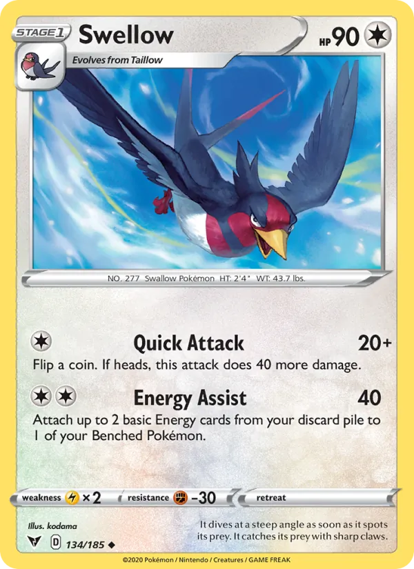 Swellow Reverse Holo 134/185 Vivid Voltage Pokémon Card