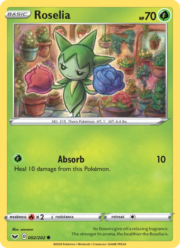 Roselia Reverse Holo 002/202 Sword & Shield Pokémon Card