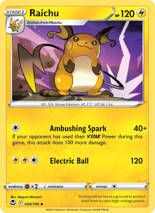 Raichu Reverse Holo 050/195 Silver Tempest Pokémon Card