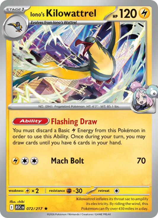 Iono's Kilowattrel Reverse Holo 072/217 Ascended Heroes Pokémon Card