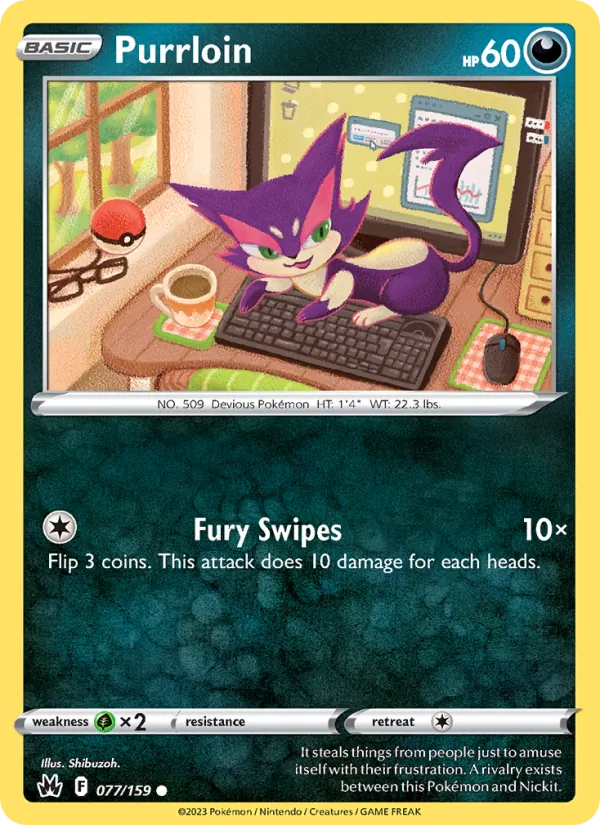 Purrloin Reverse Holo 077/159 Crown Zenith Pokémon Card