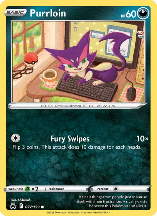 Purrloin Reverse Holo 077/159 Crown Zenith Pokémon Card