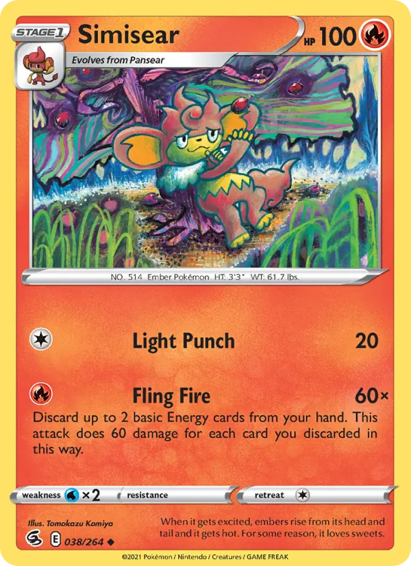 Simisear Reverse Holo 038/264 Fusion Strike Pokémon Card