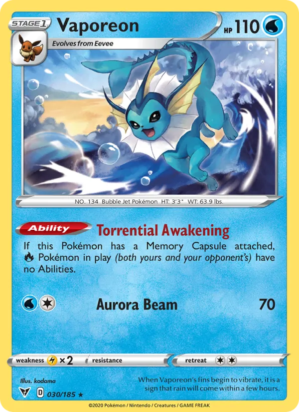 Vaporeon Reverse Holo 030/185 Vivid Voltage Pokémon Card