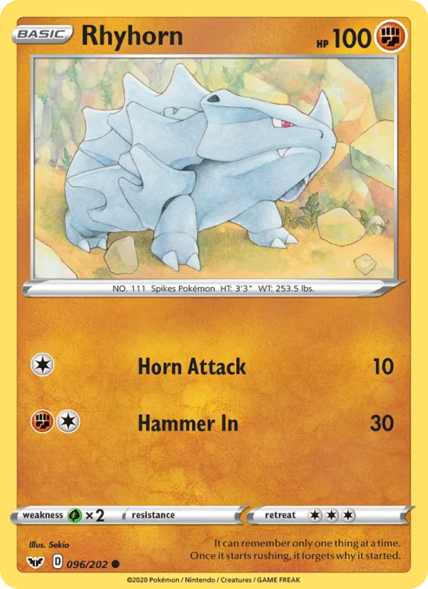 Rhyhorn Reverse Holo 096/202 Sword & Shield Pokémon Card