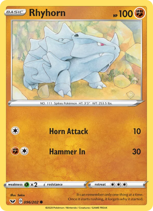 Rhyhorn Reverse Holo 096/202 Sword & Shield Pokémon Card