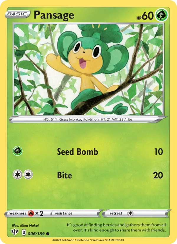 Pansage Reverse Holo 006/189 Darkness Ablaze Pokémon Card