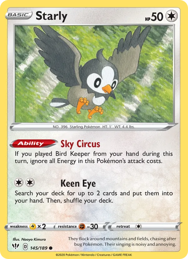 Starly Reverse Holo 145/189 Darkness Ablaze Pokémon Card