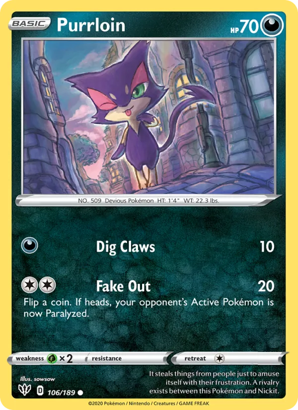 Purrloin Reverse Holo 106/189 Darkness Ablaze Pokémon Card