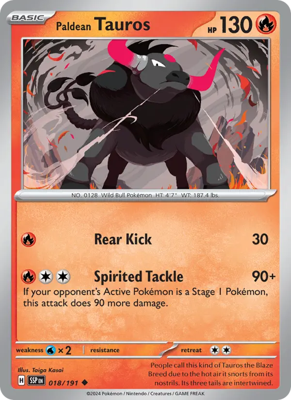 Paldean Tauros Reverse Holo 018/191 Surging Sparks Pokémon Card