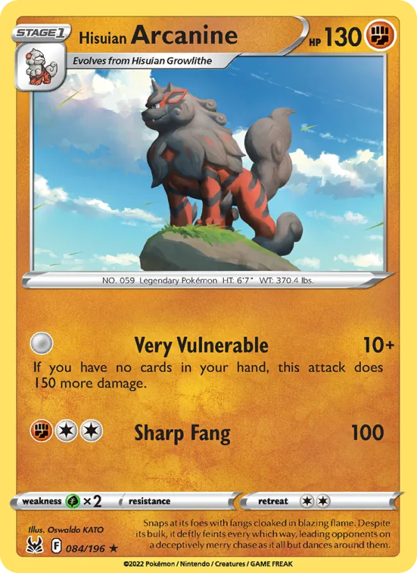 Hisuian Arcanine Reverse Holo 084/196 Lost Origin Pokémon Card