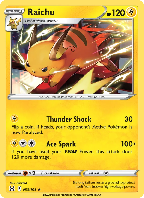 Raichu Reverse Holo 053/196 Lost Origin Pokémon Card