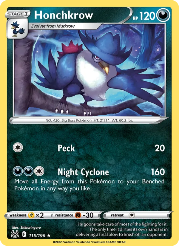 Honchkrow Reverse Holo 115/196 Lost Origin Pokémon Card