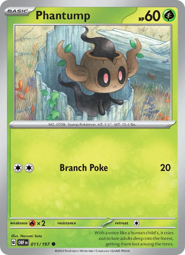 Phantump Reverse Holo 011/197 Obsidian Flames Pokémon Card